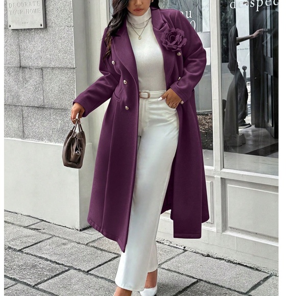 Classic Solid Double Button Floral Appliqué Mid Length Jacket Coat - Picture 10 of 13